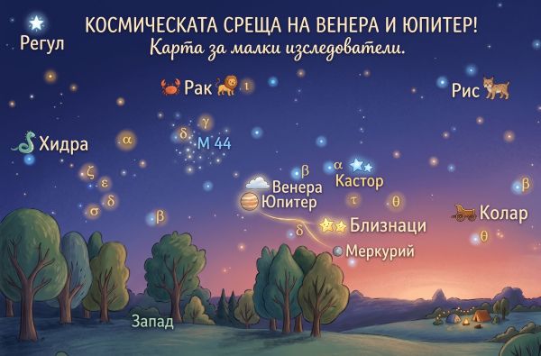 Звездно шоу за малки астрономи: Венера и Юпитер си дават космическа среща! Звездно шоу за малки астрономи: Венера и Юпитер си дават космическа среща!